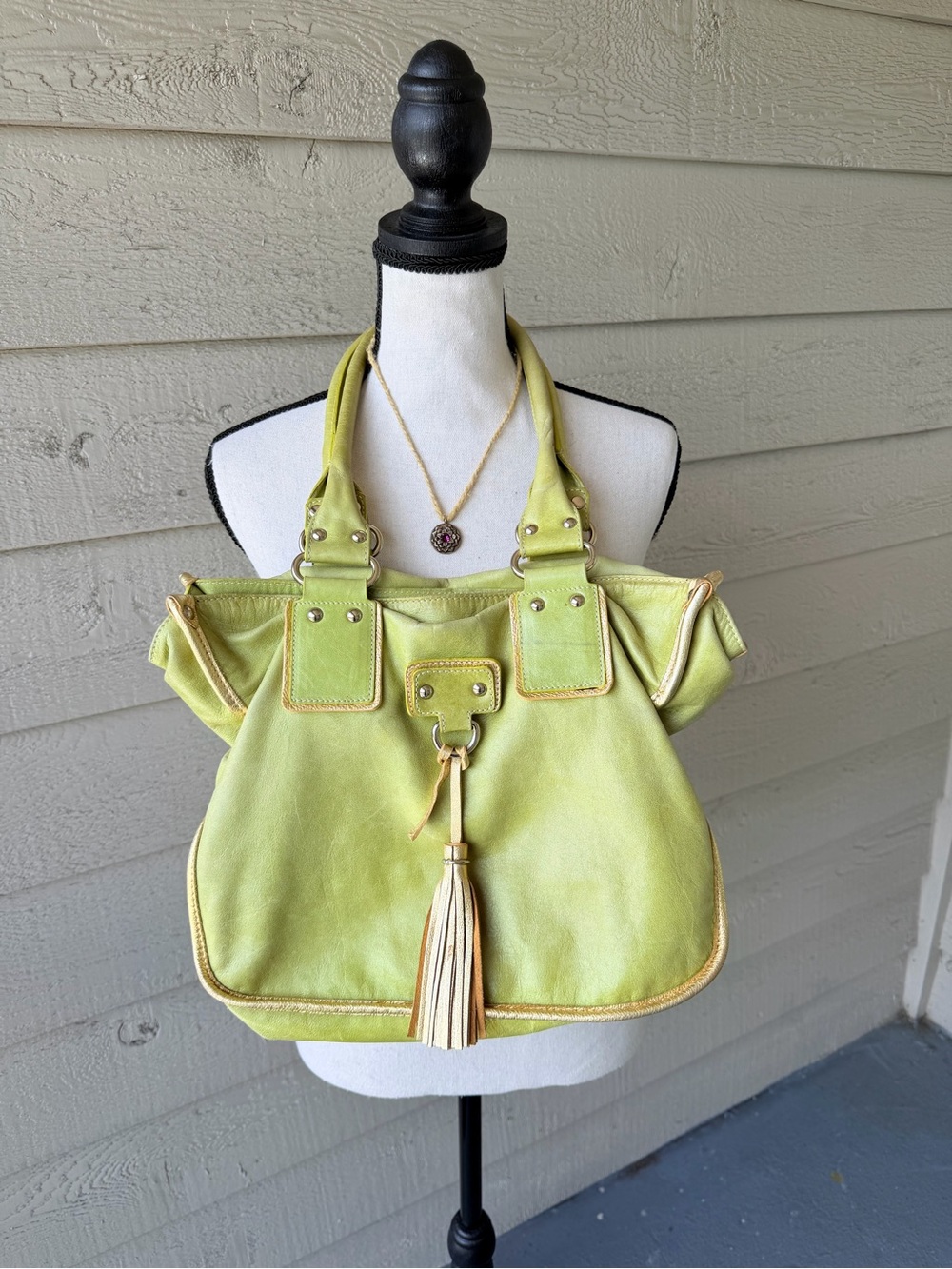 Vintage Roberta Gandolfi Lime Green Leather Tassel Shoulder Bag Canvas